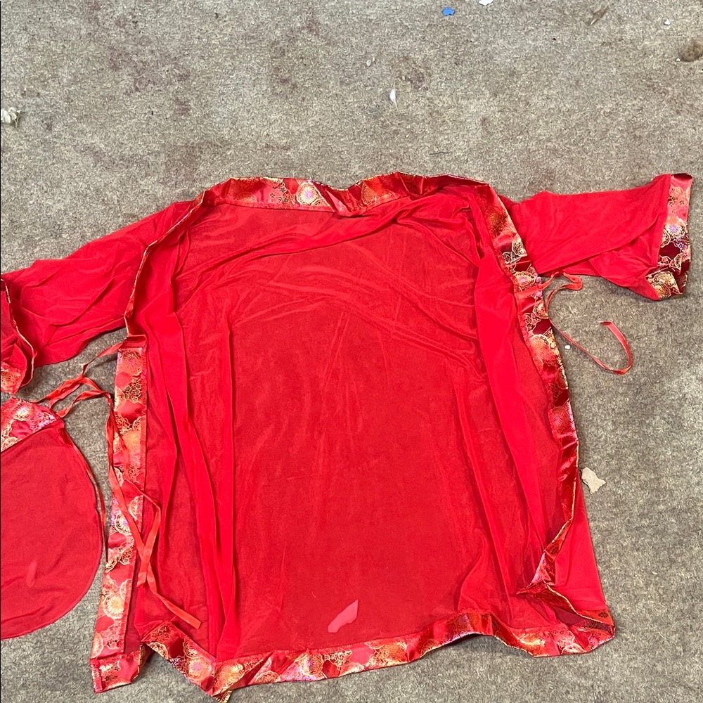 Red Sheer Kimono with Patterned Trim
